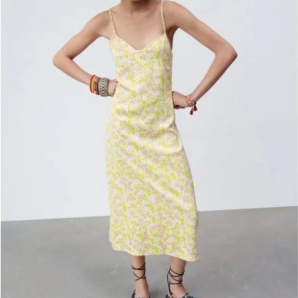 Zara‎ Satin Slip Dress Womens Size Large Printed Sleeveless Floral Midi